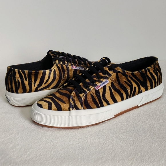 Superga Sneaker Velvet Upper Zebra Print Black Brown Lace Up 9.5 EU41 NWT - Picture 1 of 16